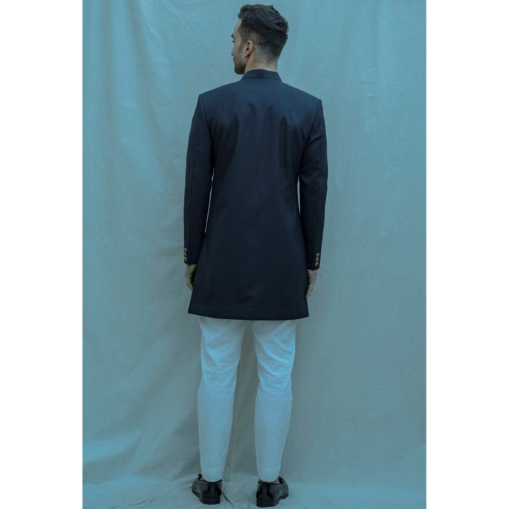 Bohame Blue Achkan Kurta And Pajama With No Show Button Placket (Set of 2)