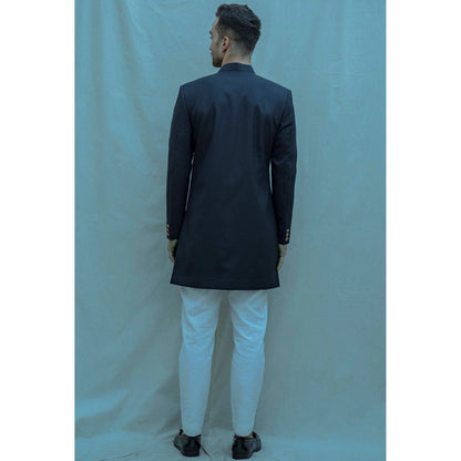 Bohame Blue Achkan Kurta And Pajama With No Show Button Placket (Set of 2)