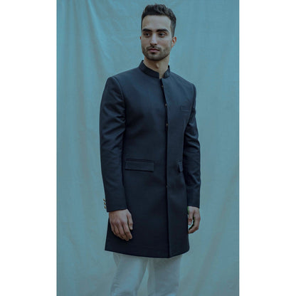 Bohame Blue Achkan Kurta And Pajama With No Show Button Placket (Set of 2)