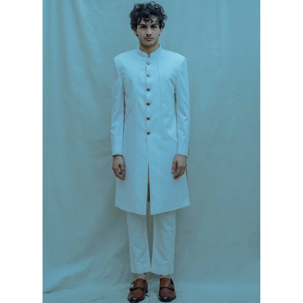 Bohame Panelled Achkan Kurta And Pajama In Off White (Set of 2)