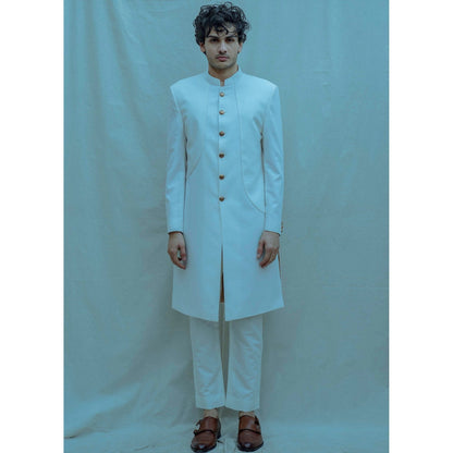 Bohame Panelled Achkan Kurta And Pajama In Off White (Set of 2)