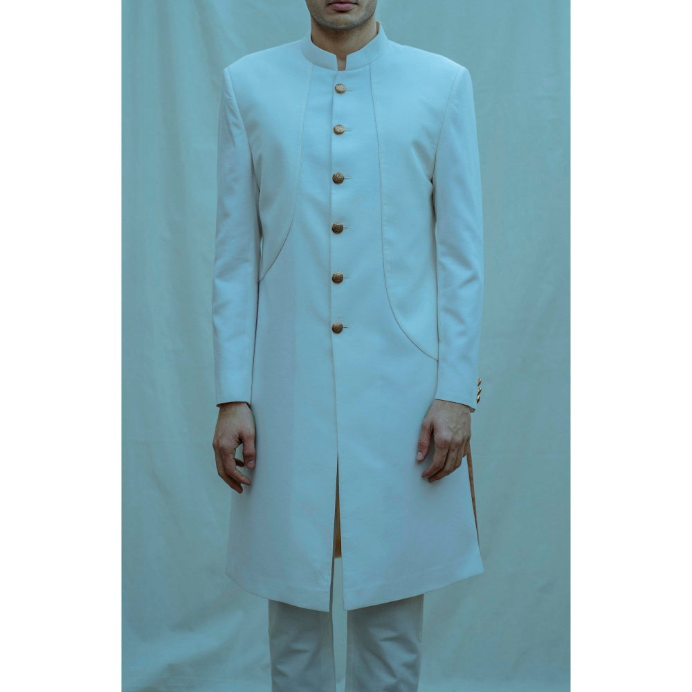 Bohame Panelled Achkan Kurta And Pajama In Off White (Set of 2)