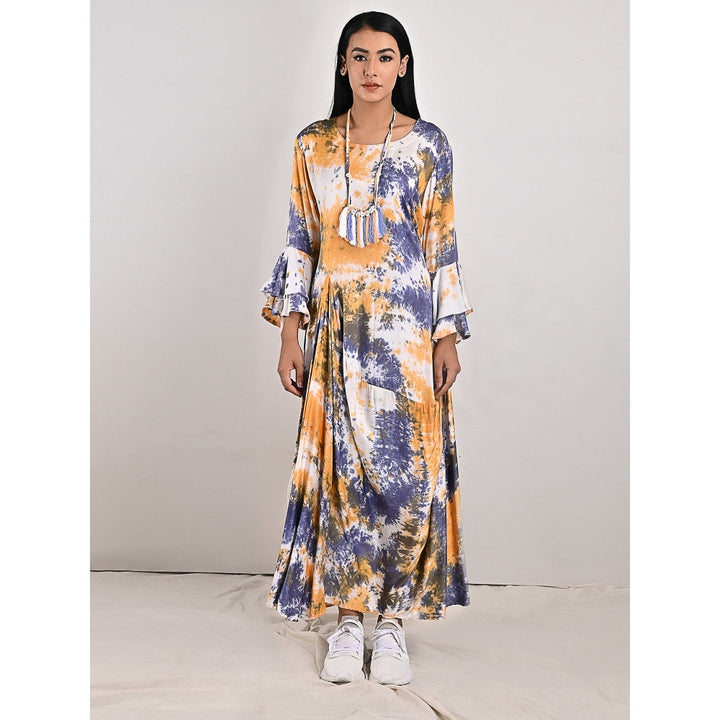 Bohame Eva Blue & Mustard Pleated Dress with Neckpiece (Set of 2)