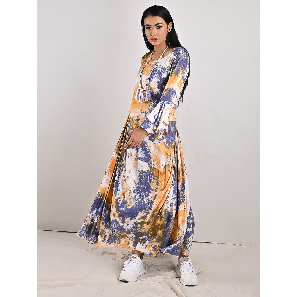 Bohame Eva Blue & Mustard Pleated Dress with Neckpiece (Set of 2)