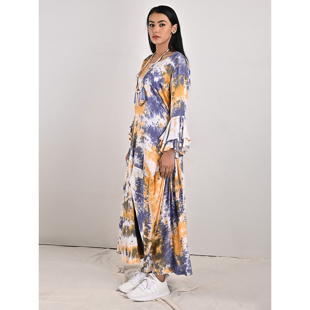 Bohame Eva Blue & Mustard Pleated Dress with Neckpiece (Set of 2)