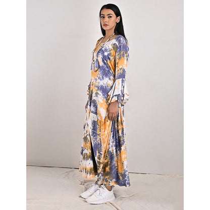 Bohame Eva Blue & Mustard Pleated Dress with Neckpiece (Set of 2)