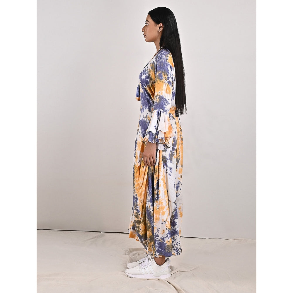 Bohame Eva Blue & Mustard Pleated Dress with Neckpiece (Set of 2)