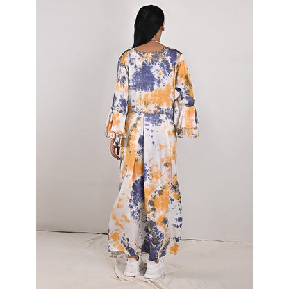 Bohame Eva Blue & Mustard Pleated Dress with Neckpiece (Set of 2)