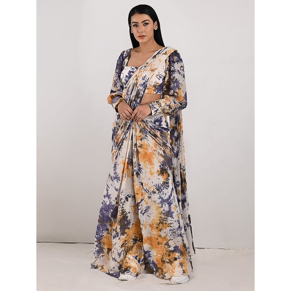 Bohame Irina Blue & Mustard Tie Dye Concept Saree (Set of 2)
