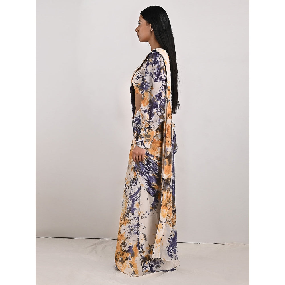 Bohame Irina Blue & Mustard Tie Dye Concept Saree (Set of 2)