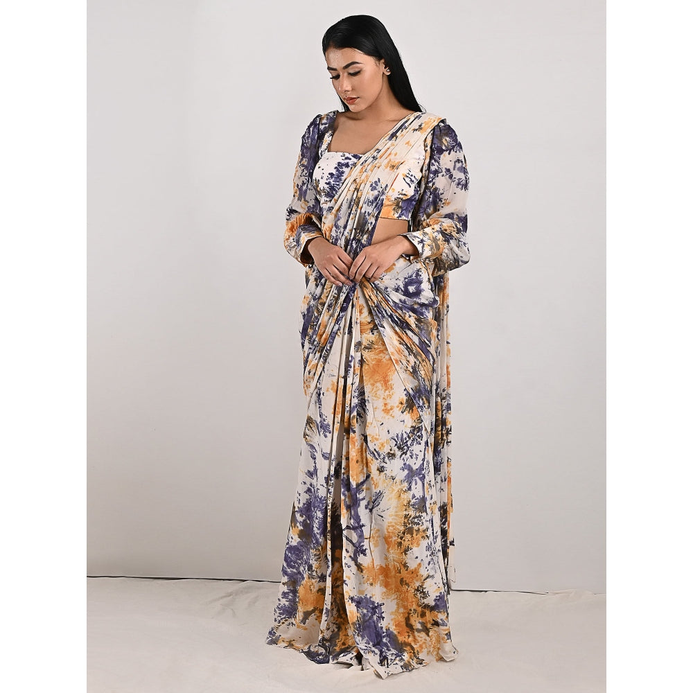 Bohame Irina Blue & Mustard Tie Dye Concept Saree (Set of 2)