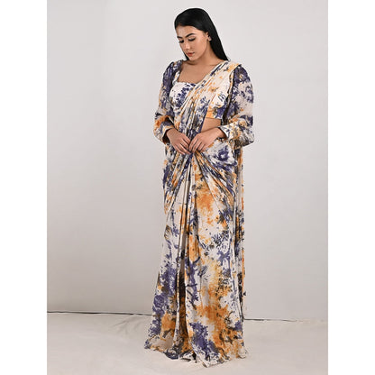 Bohame Irina Blue & Mustard Tie Dye Concept Saree (Set of 2)