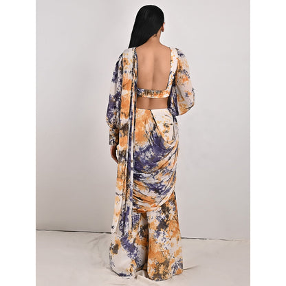 Bohame Irina Blue & Mustard Tie Dye Concept Saree (Set of 2)