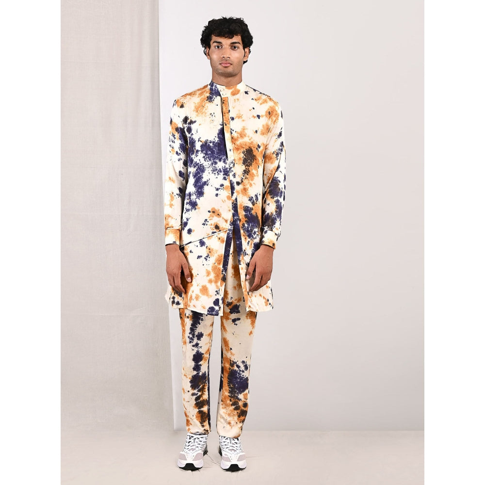 Bohame Mason Blue and Mustard Asymmetric Kurta With Straight Pants (Set of 2)