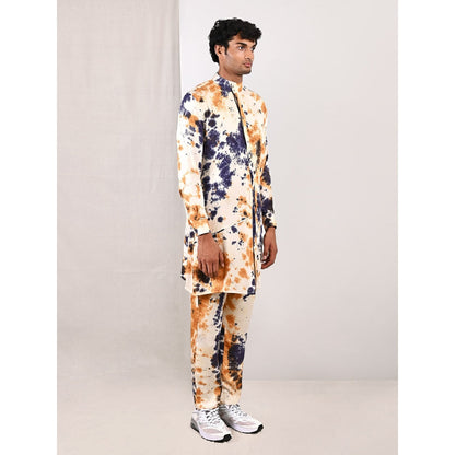 Bohame Mason Blue and Mustard Asymmetric Kurta With Straight Pants (Set of 2)