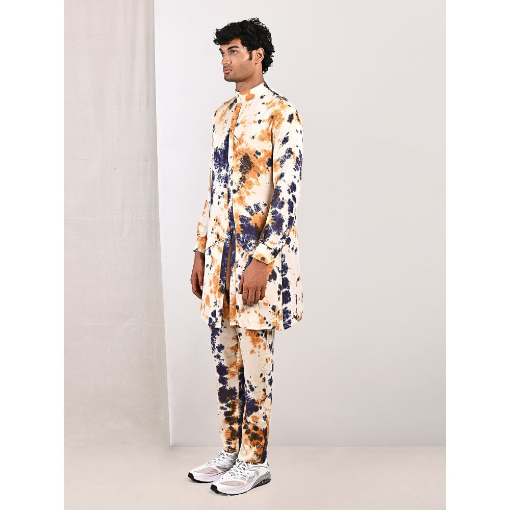 Bohame Mason Blue and Mustard Asymmetric Kurta With Straight Pants (Set of 2)