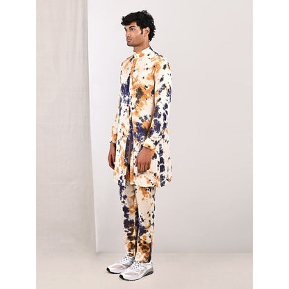 Bohame Mason Blue and Mustard Asymmetric Kurta With Straight Pants (Set of 2)