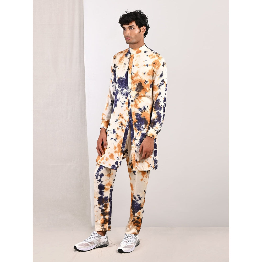 Bohame Mason Blue and Mustard Asymmetric Kurta With Straight Pants (Set of 2)