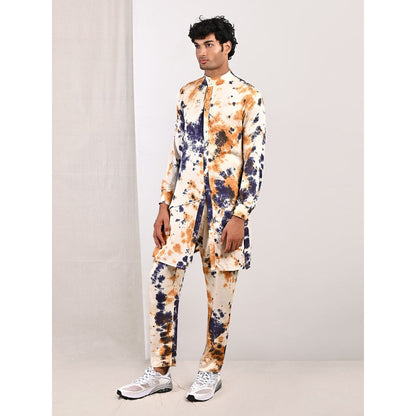 Bohame Mason Blue and Mustard Asymmetric Kurta With Straight Pants (Set of 2)