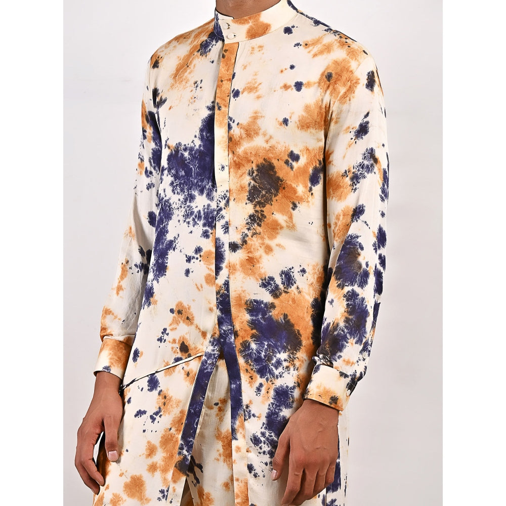 Bohame Mason Blue and Mustard Asymmetric Kurta With Straight Pants (Set of 2)