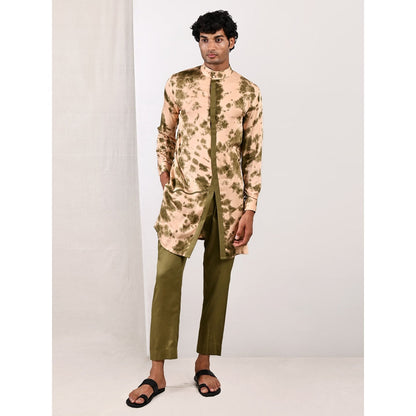 Bohame Ezra Beige and Green Asymmetric Kurta With Straight Pants (Set of 2)