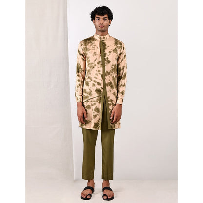 Bohame Ezra Beige and Green Asymmetric Kurta With Straight Pants (Set of 2)