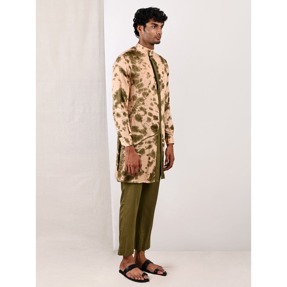Bohame Ezra Beige and Green Asymmetric Kurta With Straight Pants (Set of 2)