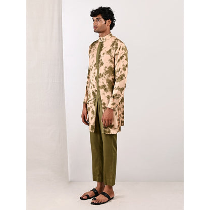 Bohame Ezra Beige and Green Asymmetric Kurta With Straight Pants (Set of 2)