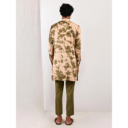 Bohame Ezra Beige and Green Asymmetric Kurta With Straight Pants (Set of 2)