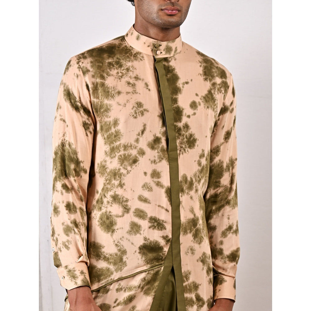 Bohame Ezra Beige and Green Asymmetric Kurta With Straight Pants (Set of 2)