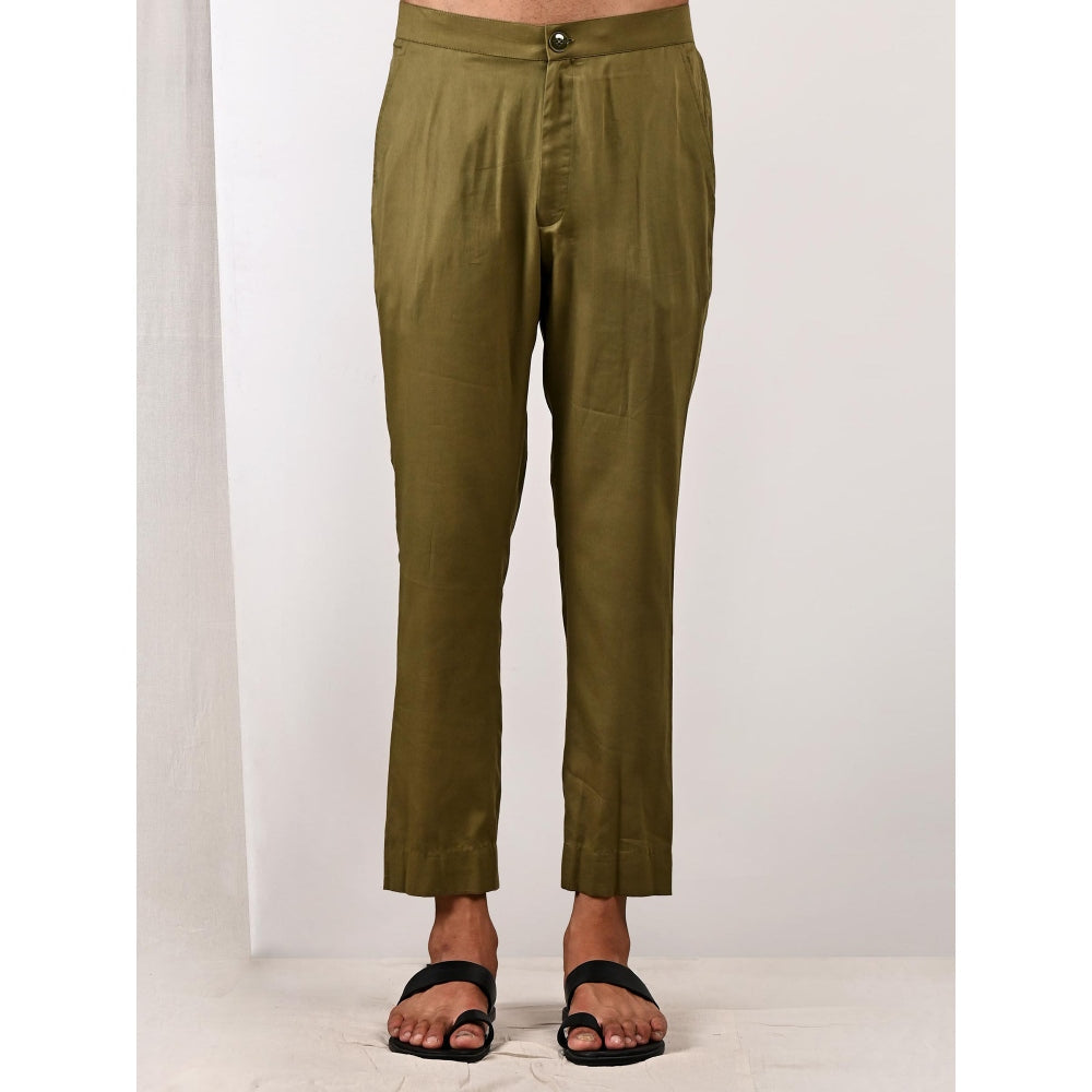 Bohame Ezra Beige and Green Asymmetric Kurta With Straight Pants (Set of 2)