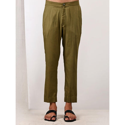 Bohame Ezra Beige and Green Asymmetric Kurta With Straight Pants (Set of 2)