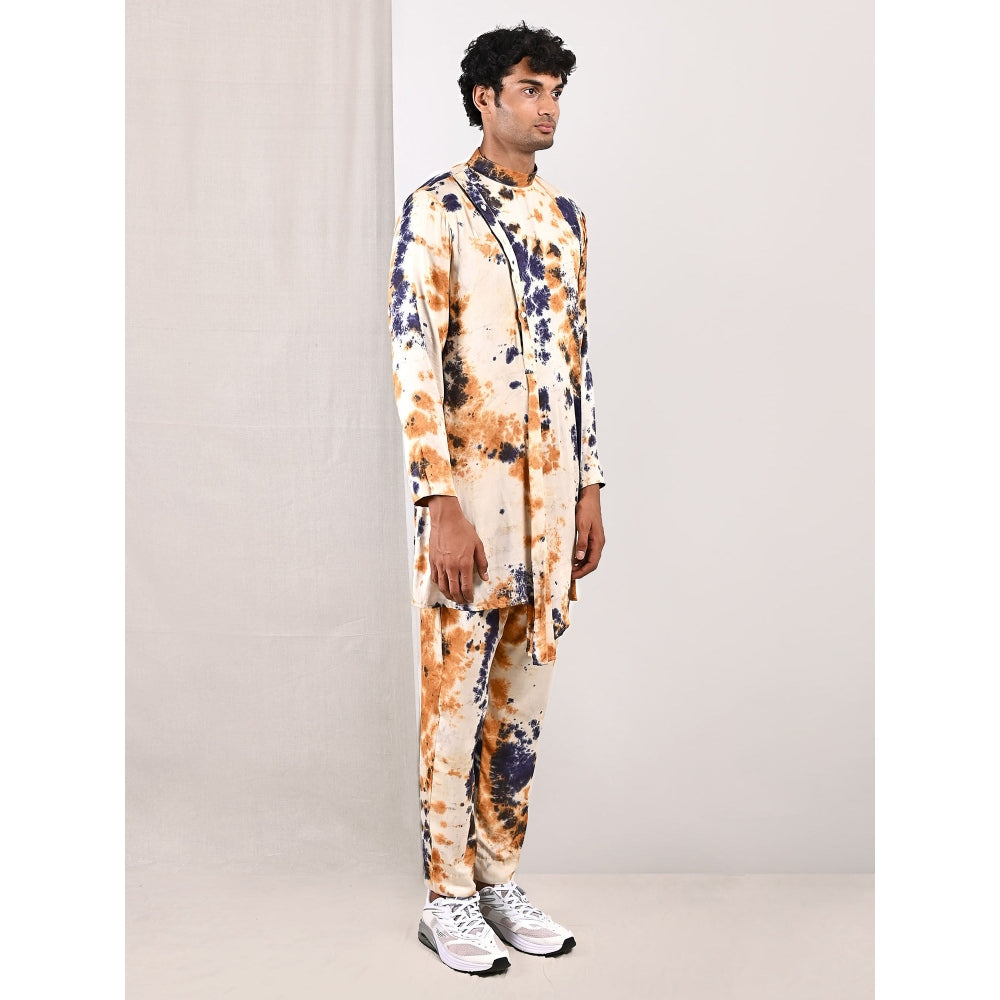 Bohame Fredrick Blue and Mustard Pleated Kurta (Set of 2)