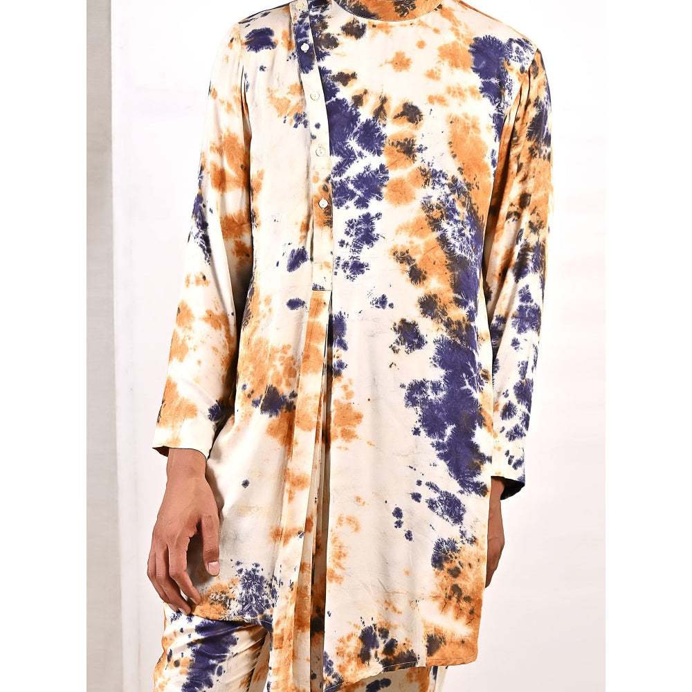 Bohame Fredrick Blue and Mustard Pleated Kurta (Set of 2)