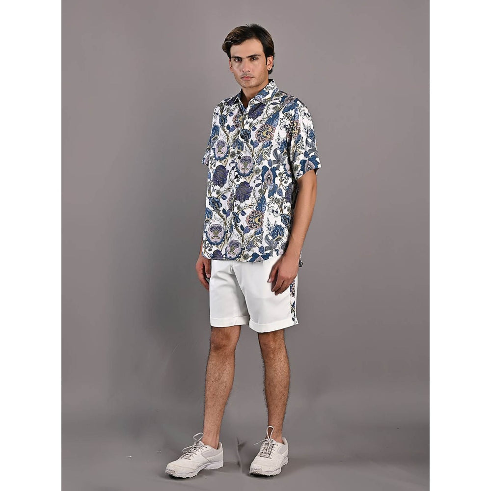 Bohame Caesar Digital Print White & Blue Shirt and Shorts (Set of 2)