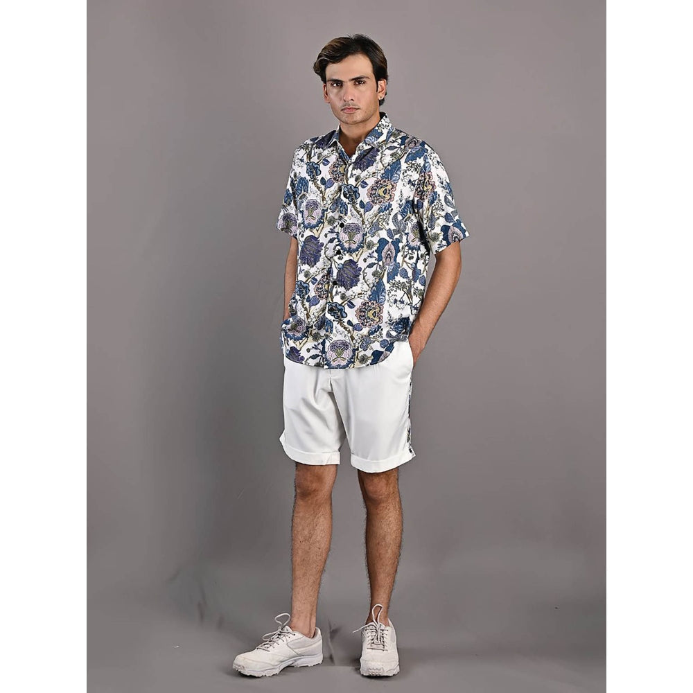 Bohame Caesar Digital Print White & Blue Shirt and Shorts (Set of 2)
