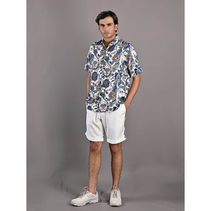 Bohame Caesar Digital Print White & Blue Shirt and Shorts (Set of 2)