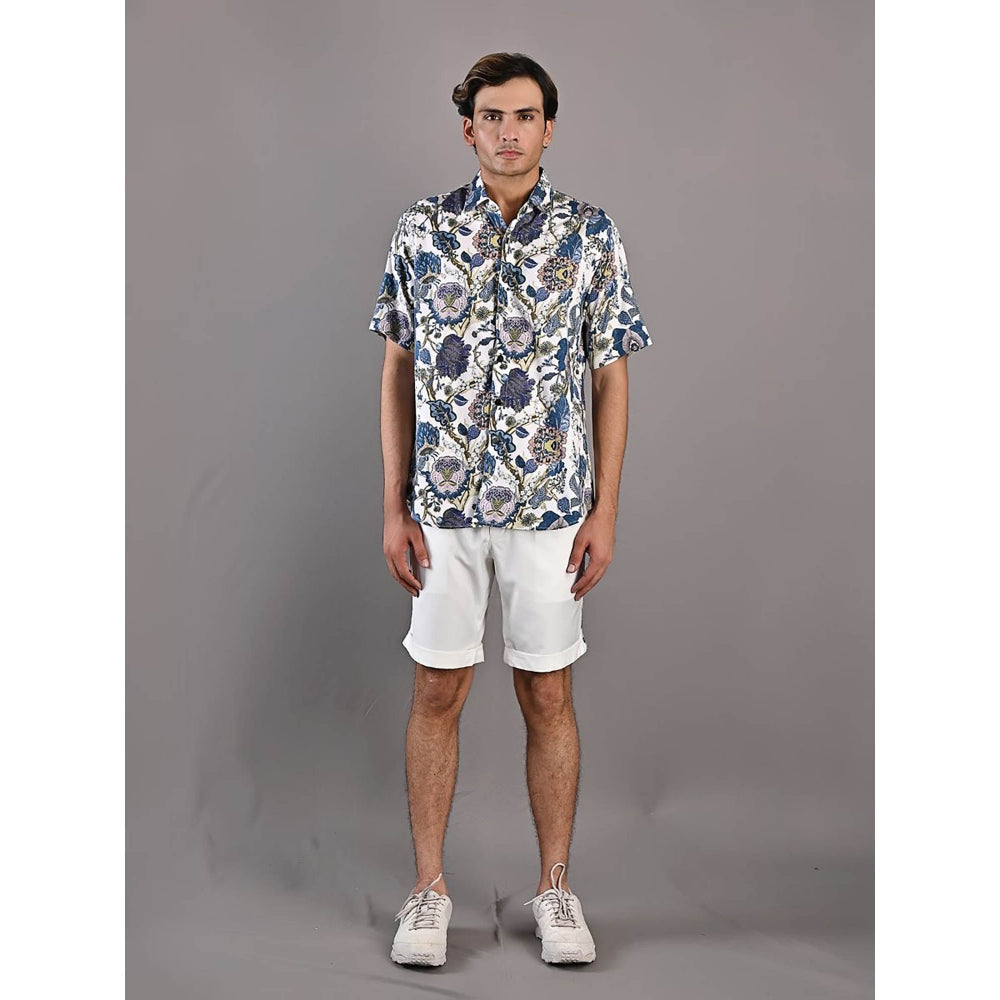 Bohame Caesar Digital Print White & Blue Shirt and Shorts (Set of 2)