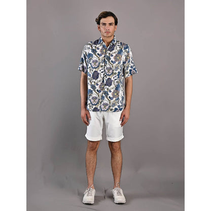 Bohame Caesar Digital Print White & Blue Shirt and Shorts (Set of 2)