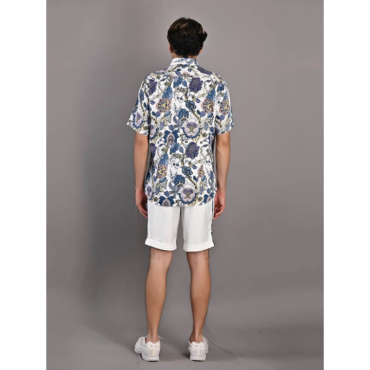 Bohame Caesar Digital Print White & Blue Shirt and Shorts (Set of 2)