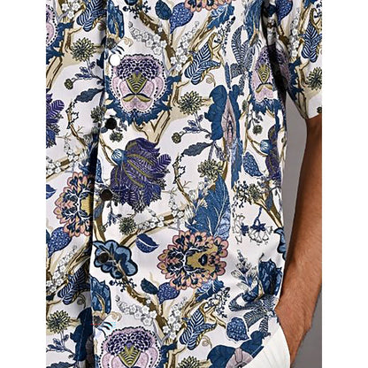 Bohame Caesar Digital Print White & Blue Shirt and Shorts (Set of 2)