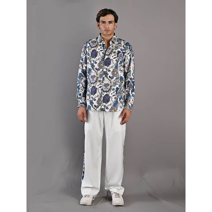 Bohame Avel Digital Print White & Blue Shirt and Pants (Set of 2)
