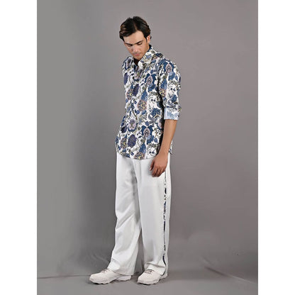 Bohame Avel Digital Print White & Blue Shirt and Pants (Set of 2)