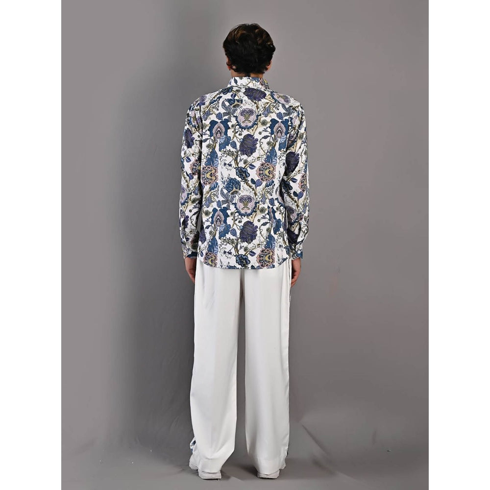 Bohame Avel Digital Print White & Blue Shirt and Pants (Set of 2)