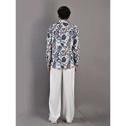 Bohame Avel Digital Print White & Blue Shirt and Pants (Set of 2)