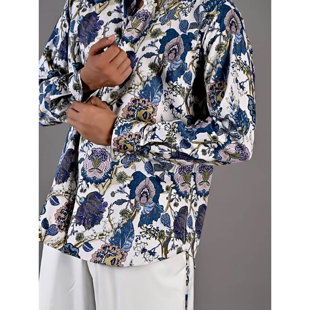 Bohame Avel Digital Print White & Blue Shirt and Pants (Set of 2)