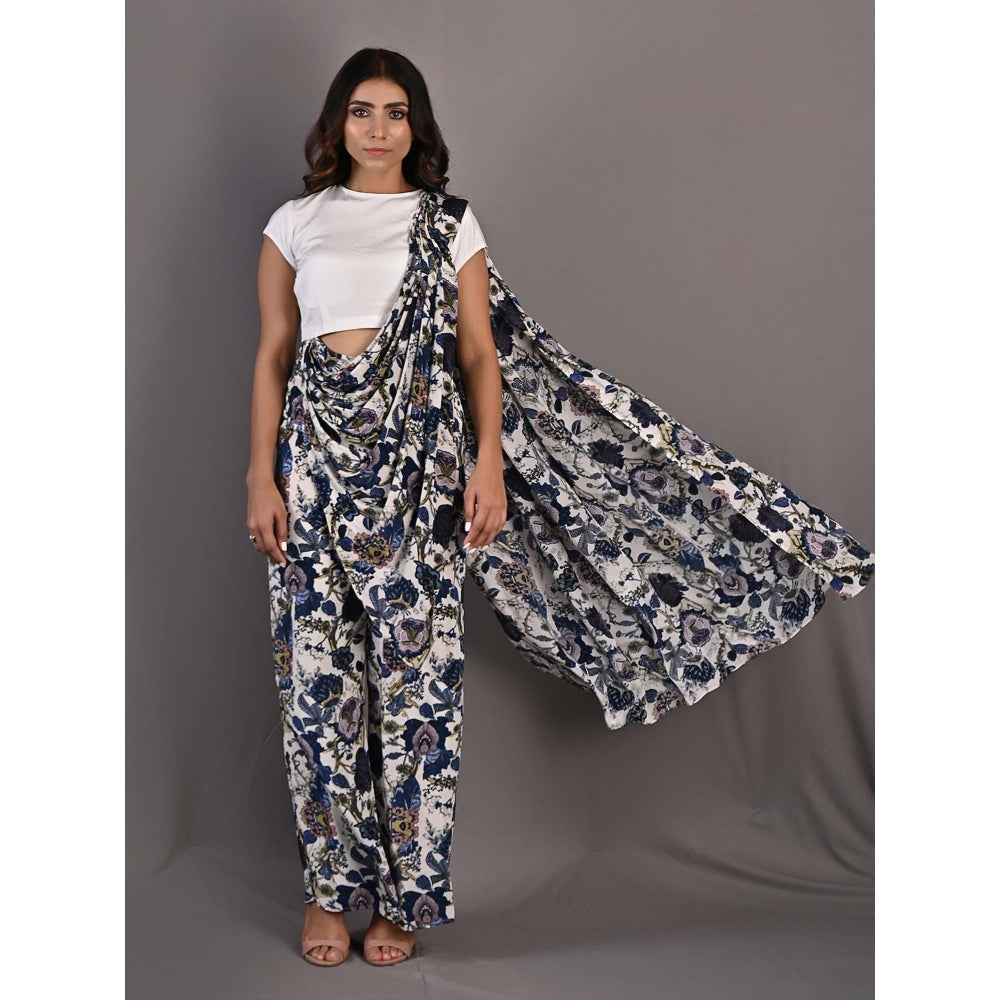 Bohame Yasmin Blue & Off White Concept Saree with Stitched Blouse