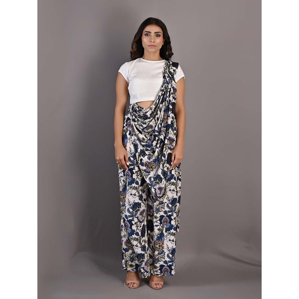 Bohame Yasmin Blue & Off White Concept Saree with Stitched Blouse