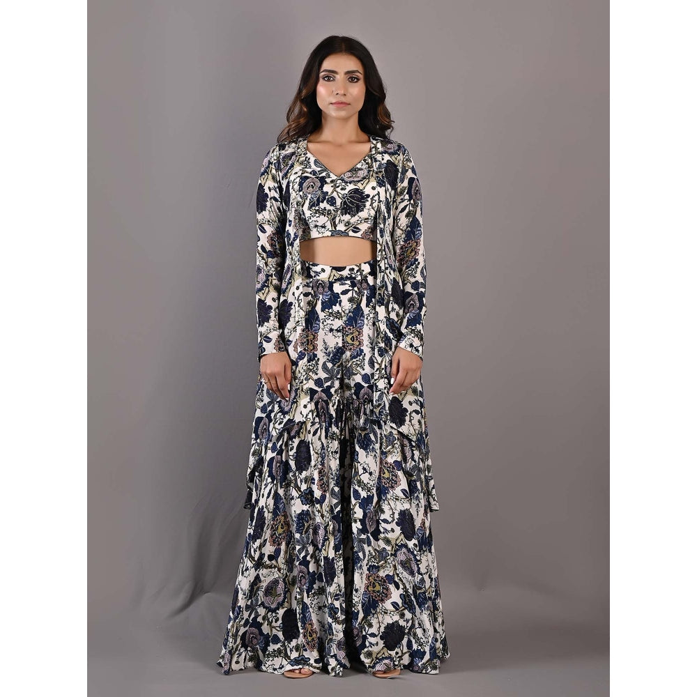 Bohame Cassia Multi-Blue & Off White Sharara (Set of 3)