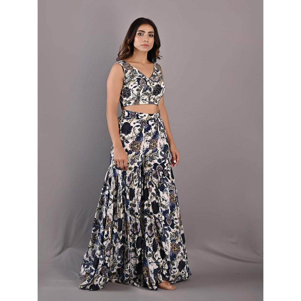 Bohame Cassia Multi-Blue & Off White Sharara (Set of 3)